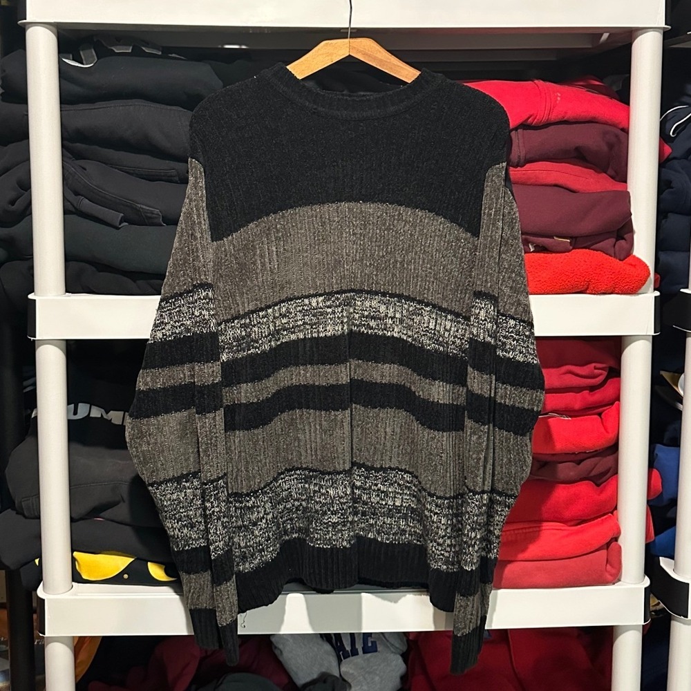 Vintage 90s Knitted Striped Black and Gray Mens Large Sweater